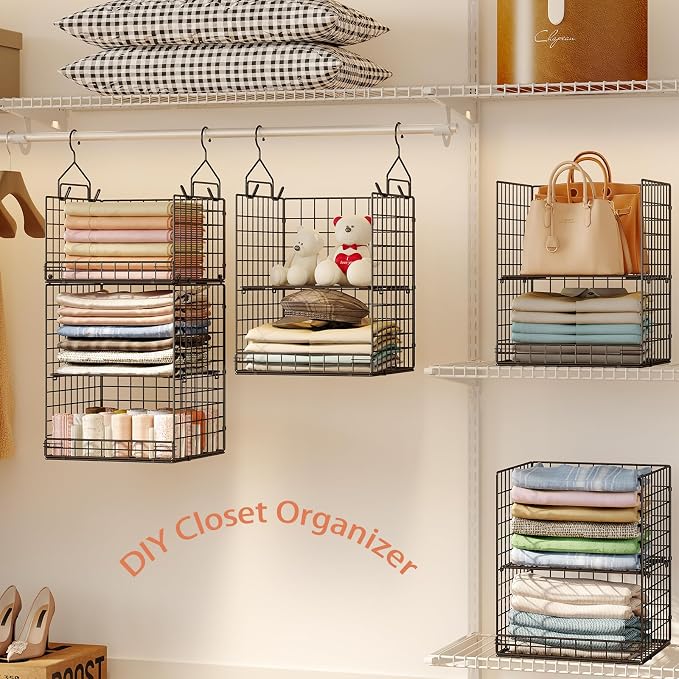 Yuyetuyo 5 Tier Closet Hanging Organizer and Storage Separable Hanging Closet Shelves with 4 Hooks 2 Adjustable Dividers, Wire Storage Basket Bins for Clothing Sweaters Socks Dolls Handbags, Foldable