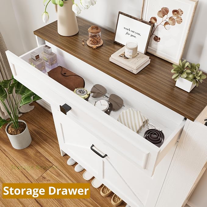 IRONCK Shoe Storage Cabinet with 2 Flip Drawers & Barn Door, White/Walnut | Freestanding Shoe Cabinet Organizer with Drawer and Shelves for Entryway, Farmhouse Shoe Rack Cabinet