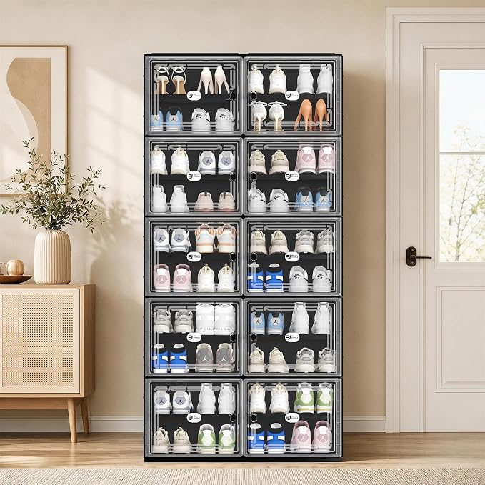 Black Shoe Storage Cabinet for 40 Pairs, Collapsible Plastic Shoe Organizer with Magnetic Clear Doors, 3-Step Tool-Free Assembly for Entryway, Hallway, Apartment and Closet (2Row, 10Tier)