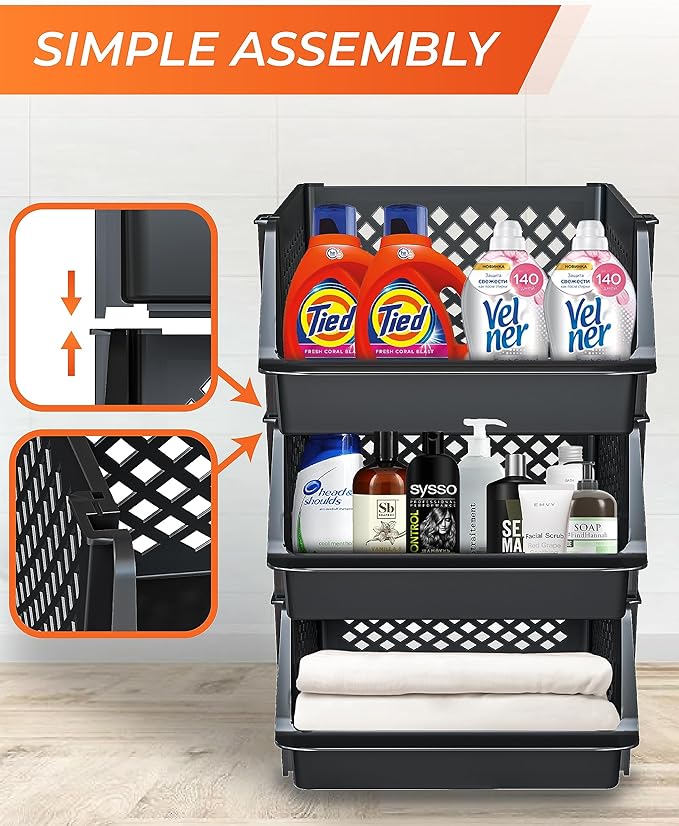 XLarge Stackable Storage Bins Open Front for Pantry Storage, 3 Pack - Black | Sturdy Plastic, Easy Stacking, Open Front Access, Ventilated Sides, Vertical & Space Saving Pantry Organizers and Storage Bin
