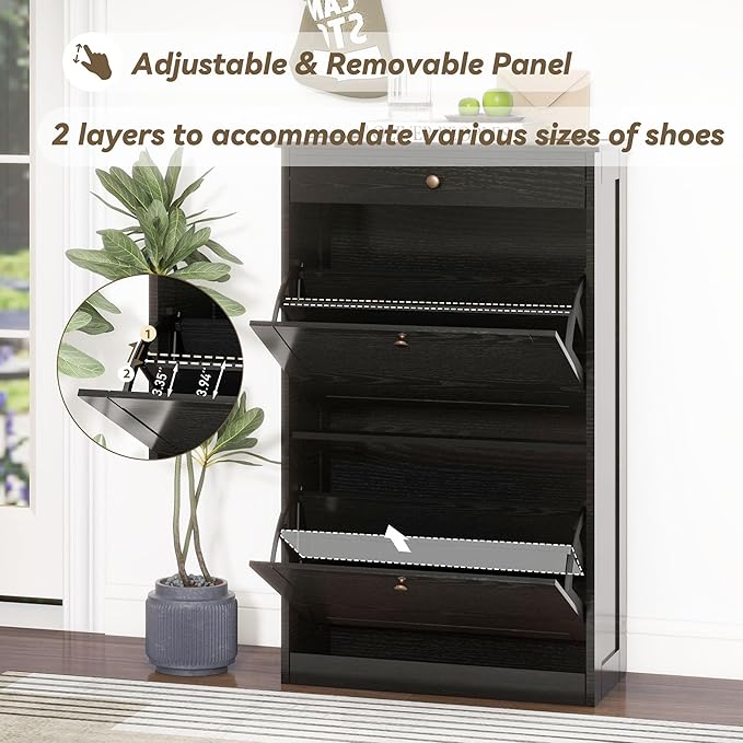 Shoe Storage Cabinet with 2 Flip Drawers, Shoe Cabinet Organizer, Black | Freestanding Hidden Shoe Rack Cabinet with Door, Pet-Proof Shoe Cabinet Storage for Entryway Living Room Behind The Door