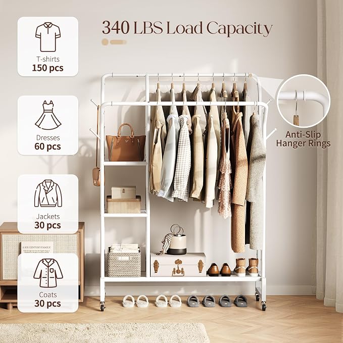 Yoobure Double Rods Clothes Rack - Portable Clothing Rack with Wheels, Rolling Garment Rack with 3-Tier Shelves & 4 Hooks, Freestanding Clothing Racks for Hanging clothes, Coat Rack for Closet Bedroom