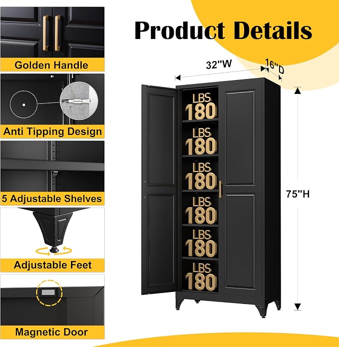 SteeLoong 75”Metal Pantry Storage Cabinet with Doors & 5 Adjustable Shelves | Kitchen Pantry Cabinet,Black Kitchen Cabinet with 2 Gold Handles,Tall Cabinet for Livingroom,Pantry, Bathroom,Kitchen,Garage