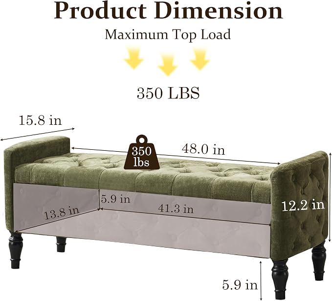 Royal Windsor 48" Ottoman with Storage,Tufted Storage Bench with Safety Hinge,Holds up to 350 lb,Black Wood Legs,Upholstered Bench with Arms for Bedroom,Living Room,Entryway,Linen Green