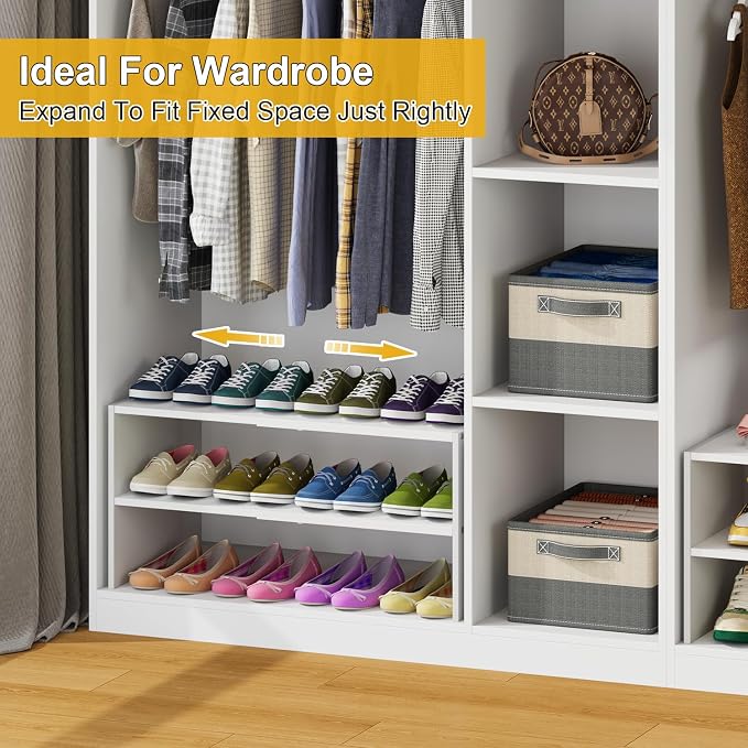 2 Pack White Shoe Rack for Closet, 2-Tier Expandable Small Shoe Shelf, Stackable Iron Wood Combination Shoe Organizer Racks Shelves for Closets, Entryway, Hallway, Garage, Holds 12-24 Pairs