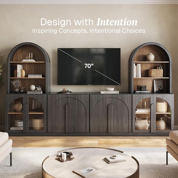 BELLEZE TV Stand Storage 4 Piece Set, Modern Modular Entertainment Center with Storage Tall Media Console with Glass Doors, Wood Side Cabinets for Living Room, Ebony