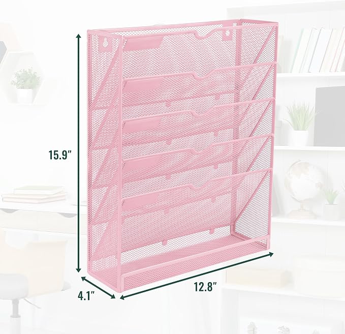 EASEPRES 6 Tier Mesh Hanging Wall File Organizer, Desk Vertical Mail Paper Document Folder Holder Rack with Bottom Tray and Nametag Label for Office Home School, Pink