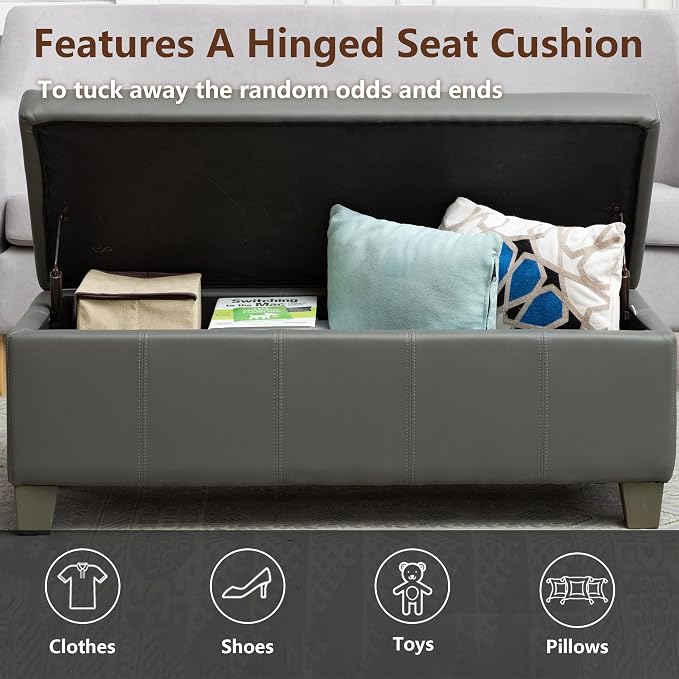 51 Inch Storage Ottoman, Storage Bench with Safety Hinge, Upholstered Synthetic Leather Ottoman Bench for Bedroom, Living Room, Entryway, Hallway, Foot Rest, Support 500lbs