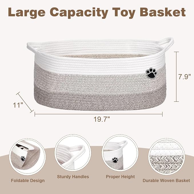 Optish Dog Toy Basket, 30L Toy Box and Bin for Dog Cat Storage, 19.7" X 11" X 7.9" Large Woven Rope Basket for Blanket Storage, Living Room, Bedroom, White & Brown