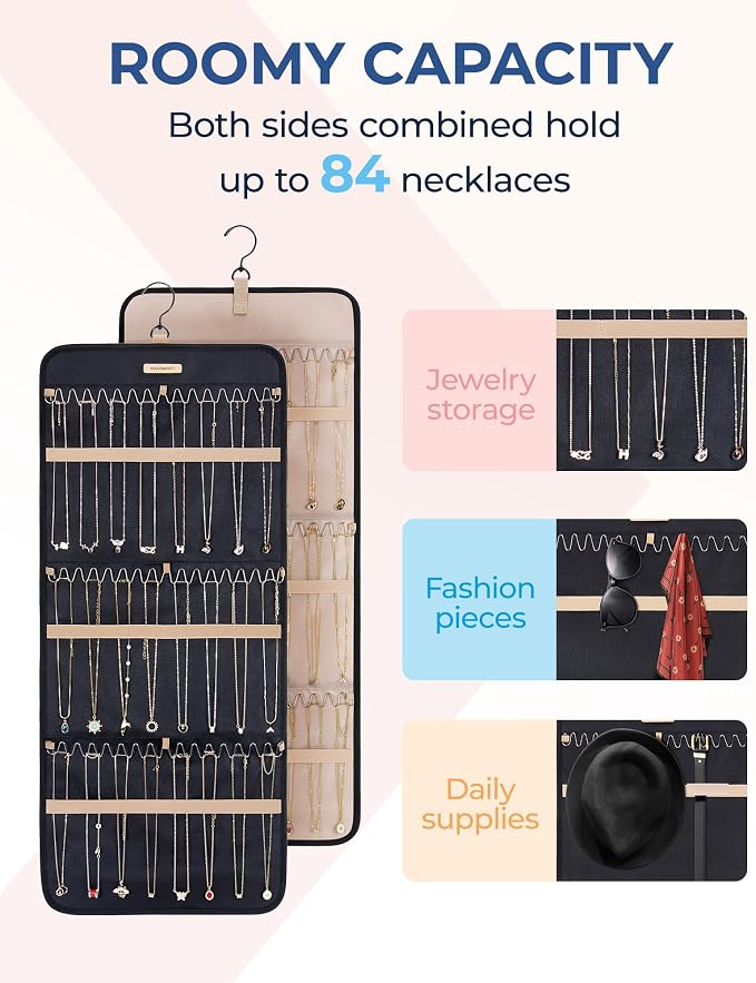 BAGSMART Hanging Necklaces Organizer Jewelry Holder, 1 piece, Large Black | Hanging Necklaces Organizer with Hanger Metal Hooks Double-Sided Jewelry Storage for ,Bracelets on Closet,Wall,Door