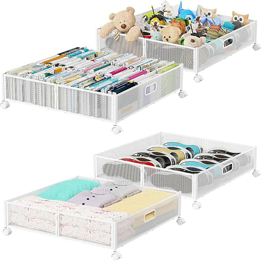 PHINOX Under Bed Storage with Wheels & Handle,Metal,Large,4 Pack,White | Tool-free assembly,glide smoothly,easy reach,foldable,maxmazie low-profile beds,dorm,keep seasonal clothes,shoes,sockes fresh