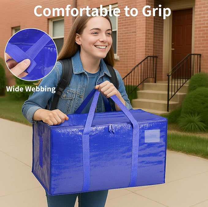 6 Pack-Extra Large Heavy Duty Moving Bags - Waterproof Storage Totes with Handles & Zippers, Foldable for College Dorm, Storage (Blue)