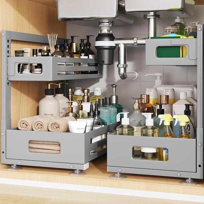 2 Pack 17IN-Depth Under Sink Organizer,Pull Out Cabinet Organizer With Smooth Cylindrical Rail,Metal Slide Out Drawer for Kitchen Bathroom Laundry,8-Level Tool Free Height Adjustable-Gun Gray