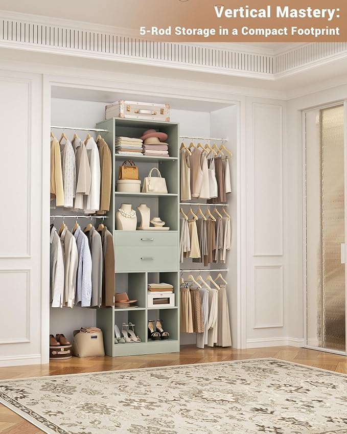 Small Closet System, 3.2-6.8FT Small Closet Organizer with 2 Wooden Drawers & 5 Hanging Rods, Can Fit 37.5 to 81.9 inch Walk-in Closet System, Built-in, Crab Green, Enclosed Storage Volume 2.32 ft³