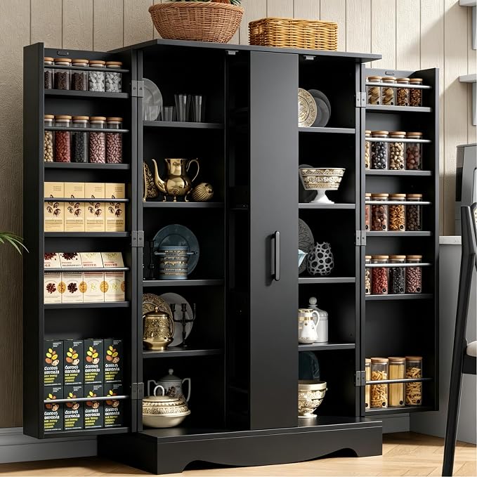 kepptory 47“ Black Kitchen Pantry Cabinet with 3 Doors, Adjustable Shelves, | Pull-Out Side Spice Racks, Freestanding Food Storage Cupboard for Kitchen, Dining Room, Living Room