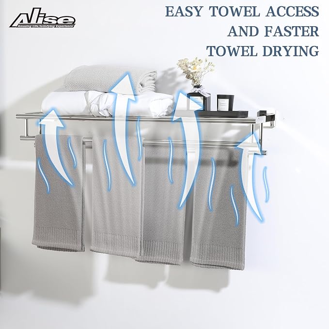 Alise 32 Inch Double Towel Rack for Bathroom Wall Mounted,Polished Chrome | SUS304 Stainless Steel Towel Rack with Shelf,Bathroom Tower Holder Towel Shelf with Double Towel Bars for Bath Kitchen