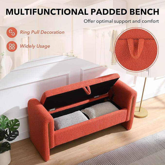 NIOIIKIT 52" Storage Ottoman Bench, Teddy Upholstered Storage Bench with Armrest, Entryway Bench with Pull-Ring, End of Bed Bench, Window Bench for Living Room (Orange)