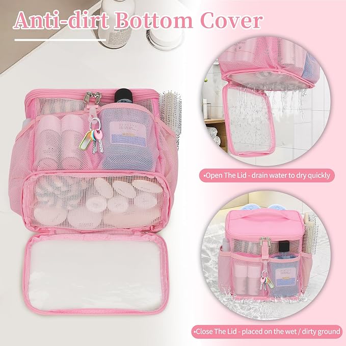 CUBETASTIC Shower Caddy Portable Mesh Shower Tote for Bathroom, Gym, Travel, Camping - Quick Dry Hanging Organizer Toiletry Bag with Handle for College Dorm Room, Men & Women
