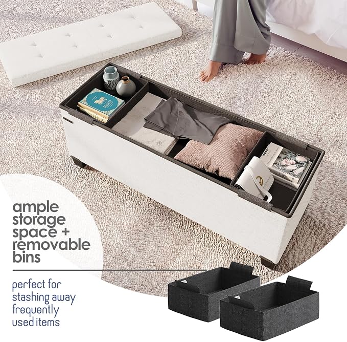 Storage Ottoman Bench with Bins, 43-in Storage Bench for Bedroom End of Bed, Folding Foot Rest Ottoman for Living Room Max 660lbs, Fabric Ottomans, Beige