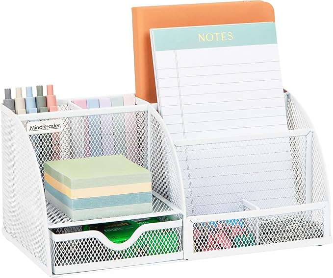 Mind Reader 7-Compartment Desktop Organizer, Metal Mesh, White | Desk Organizer for Pens, Sticky Notes, Mail, Office Supplies