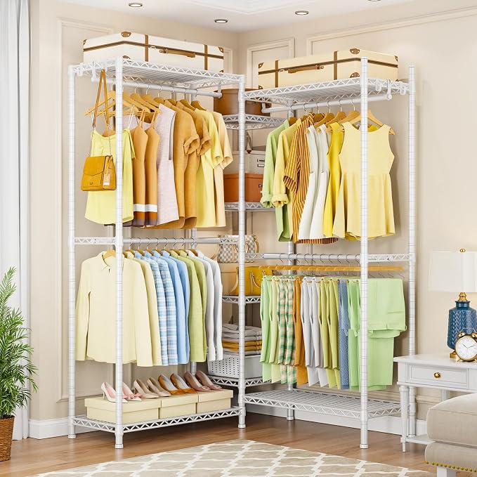 Ulif E4 Clothes Rack, Heavy-Duty Garment Rack, Metal Freestanding Clothing Organization Storage System Can Be L-shaped with Shelves and Hangers, Max Load 962lbs, 71.6" W x 14.5" D x 79.3" H, White | Metal Freestanding Clothing Organization Storage Syst...