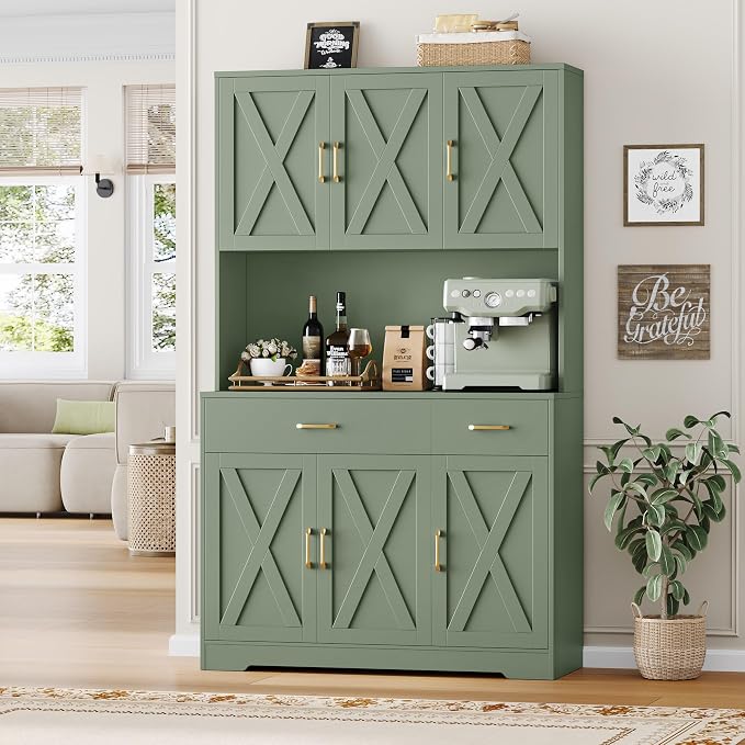 HOSTACK 71"H Kitchen Pantry Storage Cabinet, Farmhouse Hutch Cabinet, Green | Space-Saving Pantry Cabinet with Charging Station & 2 Large Drawers & Adjustable Shelves, Tall Kitchen Hutch for Dining Room