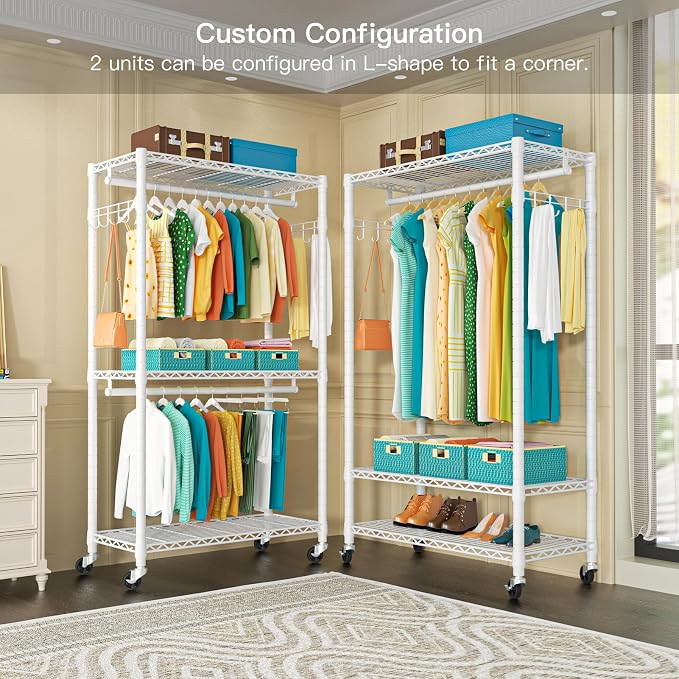 FUTASSI P1 Heavy Duty Garment Rack, 3 Tiers Adjustable Rolling Metal Closet | White Clothing Organizer with Lockable Wheels, Free-Standing Wardrobe with Double Hanger Rods and Hooks, Max Load 450lbs