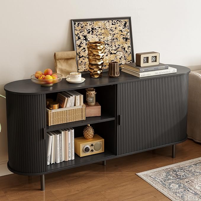 63" Sideboard Buffet Cabinet with Storage, Storage Cabinet with Sliding Door & Adjustable Shelf, Modern Accent Coffee Bar Console Table for Kitchen, Entryway, Black