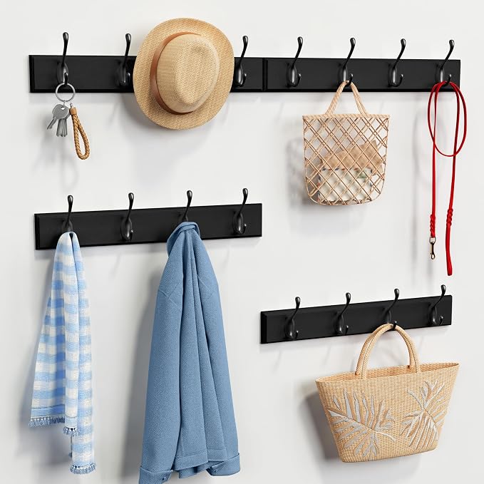 Forbena Black Coat Rack Wall Mount, Coat Hooks Wall Mounted for Entryway Closet Bedroom Bathroom Office, Antique Coat Hanger for Hanging Hats, Towels, Purses, Bags, Clothes, Backpack (Black)