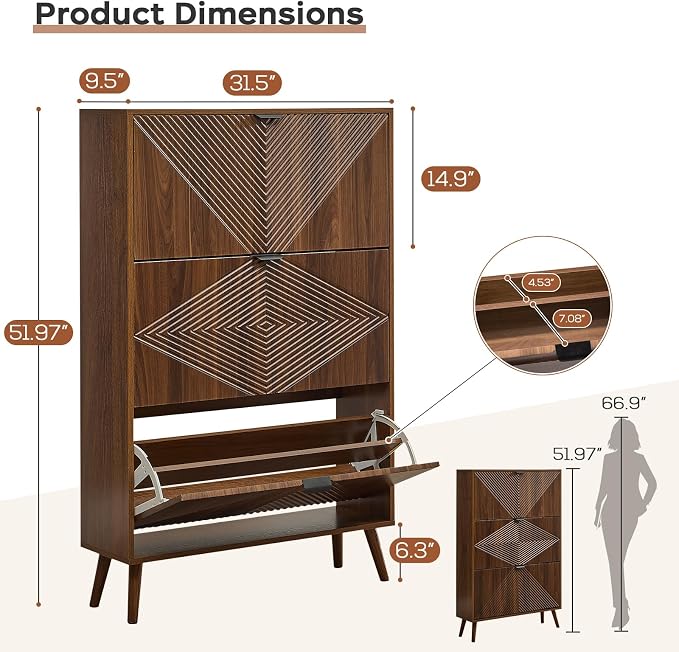 oakvivo Shoe Cabinet with 3 Flip Drawers, 31.5'' W Freestanding Narrow Shoe Storage Cabinet for Entryway, Modern Shoe Organizer with 4 Wooden feet, Hidden Shoe Rack for Hallway Mudroom, Walnut
