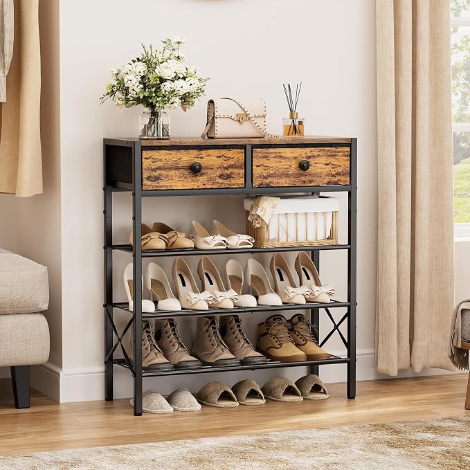 4 Tier Shoe Rack with 2 Drawers, 12-16 Pairs Rustic Brown | Holds 12-16 pairs. 2 drawers for socks/keys. Removable layer for boots. Anti-tip kit. Quick assembly.
