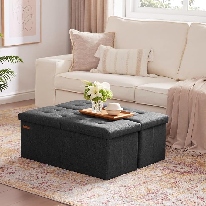 HAUSFRAU Ottoman with Storage Bench Folding Foot Rest Stool Linen Gray | 31.5", Flip Lid, Small Upholstered Foldable Footrest Footstool, Bedroom Bench, Living Room Dorm Ottoman, Rectangle