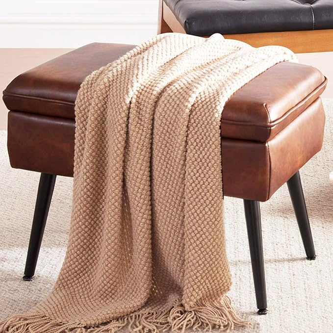 Square Storage Ottoman Upholstered Vanity Accent Stool Retro Brown | Square Mid-Century Modern Accent Dining Makeup Piano Stool with Padded Upholstered Seat & Metal Legs for Living Room Bathroom