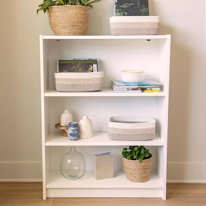 NaturalCozy 11.8"x8"x4.5” Storage Baskets for Shelves 3 Pack | Cotton Rope Woven Small Baskets for Organizing | Small Storage Bins for Nursery, Bathroom, Closet, Cube Shelf, Decorative, Gift Basket