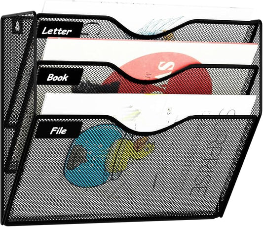 3 Pockets Hanging Wall File Organizer Mail Holder, Wall Mounted Paper Document Folder Holder, Clipboard Storage Organization Magazine Rack, Black