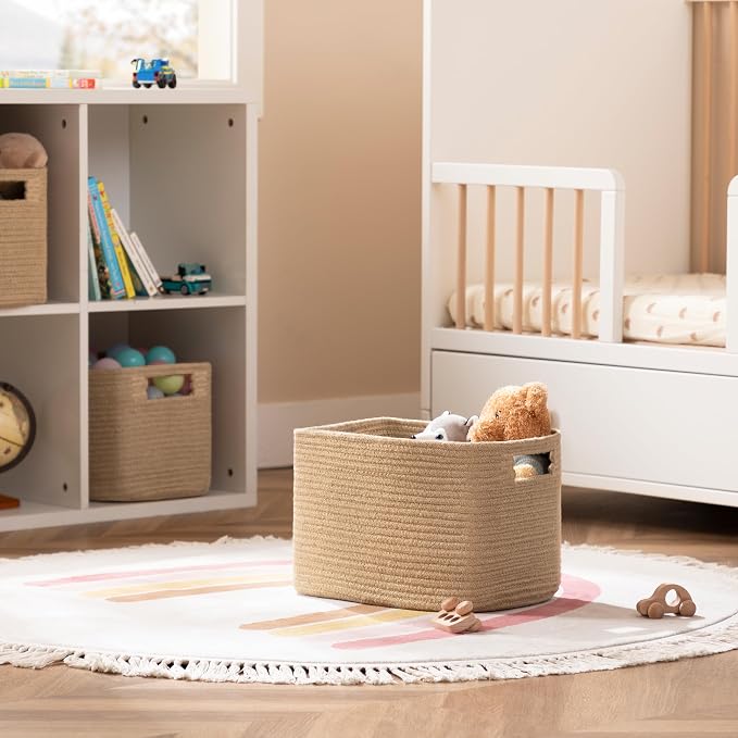 4 Pack Storage Baskets for Organizing, Shelf Baskets with Handles, Jute | 14.5"Lx9.8"Wx9"H, Woven Basket, Cotton Rope Basket, Toy Storage, Cube Shelf, Gift Baskets Empty, Home Decor