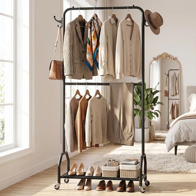 EVLIQUIL Double Hanging Garment Rack with Wheels, Hooks and Shelf, Black | Double Hanging Design and Smooth-Rolling Wheels with Open shelf offers additional storage for shoes, boxes or baskets.