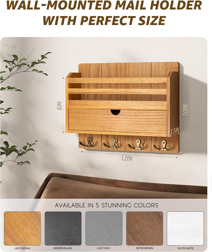 Rebee Vision Mail Organizer Wall Mount with Drawer for Entryway,Light Brown | Key and Mail Holder for Wall, 7 Key Hooks, Drawer Organizer, Mail Organizer, Key Hanger, Farmhouse Aesthetic Home Decor