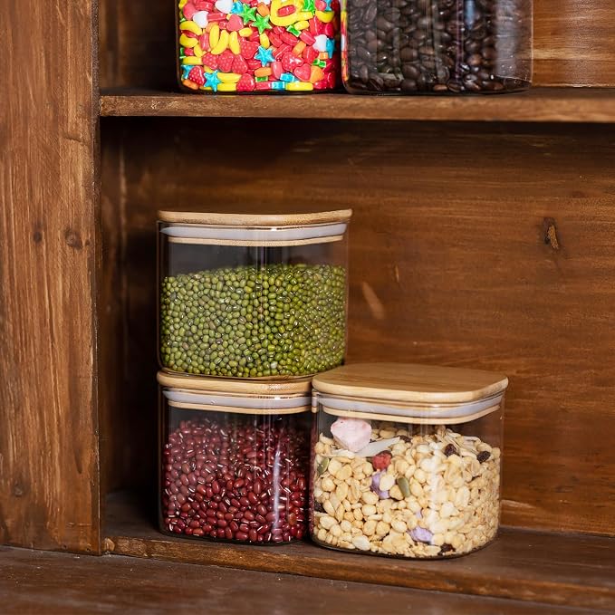 Glass Food Storage Jars 27oz Set of 6,Glass Storage Containers Clear Glass Food Canister with Bamboo Lid Airtight For Serving Tea, Coffee, Flour, Sugar, Candy, Cookie, Spice and More (Square)
