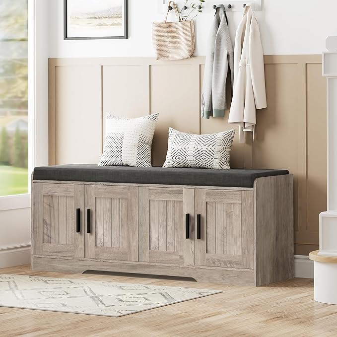 Homleke Shoe Storage Bench, 4 Doors & Thickened Padded Seat Cushion | 2-Tier Shoe Bench, Entryway Bench, Adjustable Shelf, 13.8" D x 45.3" W x 18.5" H, for Living Room, Bedroom, Greige