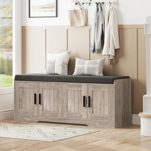 Homleke Shoe Storage Bench, 4 Doors & Thickened Padded Seat Cushion | 2-Tier Shoe Bench, Entryway Bench, Adjustable Shelf, 13.8" D x 45.3" W x 18.5" H, for Living Room, Bedroom, Greige