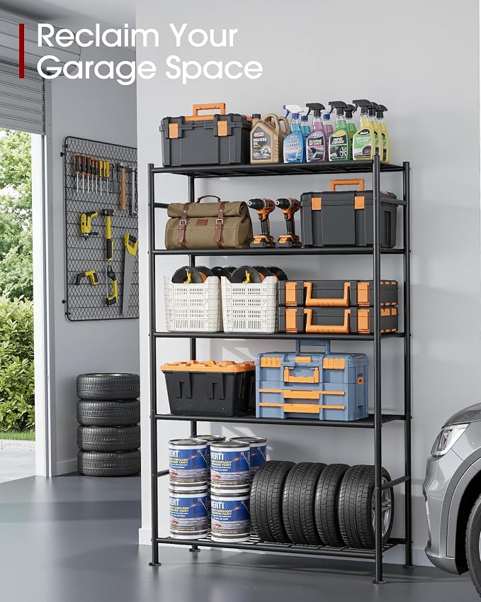 Sakugi Storage Shelves - 5 Tier Shelf Organizer, Heavy Duty Garage Shelving Unit with Leveling Feet, Stable Metal Shelves Organizer for Pantry, Kitchen and Closet, 33.0" W x 12.6" D x 72.0" H, Black
