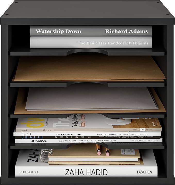 Ballucci 5-Tier File Organizer for Desk, Wooden Mail Sorter, Office Desk Organization, Paper Storage Organizers, Folder holder for desk, Letter Trays & Stacking Supports, Adjustable Shelves, Black