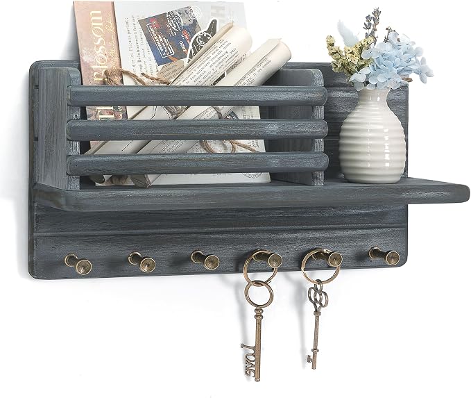 Rebee Vision Key Holder Wall Mount with Mail Slot for Entryway, Royal Blue | Key Holder for Wall, Mail Sorter, 8 Key Hooks for Hats, key Hanger, Floating Shelf, Small Plant Display, Apartment Aesthetic