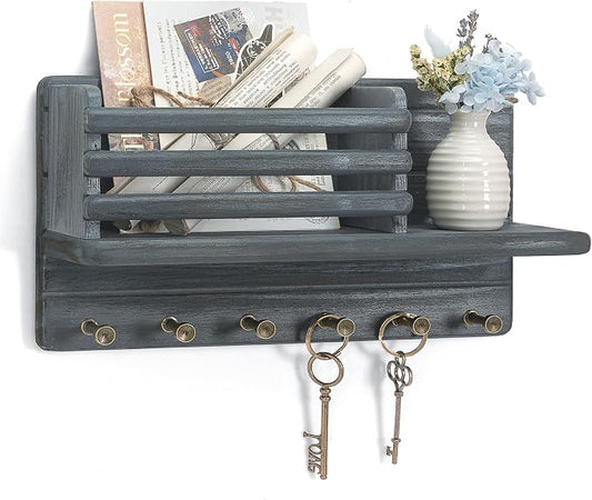 Rebee Vision Key Holder Wall Mount with Mail Slot for Entryway, Royal Blue | Key Holder for Wall, Mail Sorter, 8 Key Hooks for Hats, key Hanger, Floating Shelf, Small Plant Display, Apartment Aesthetic