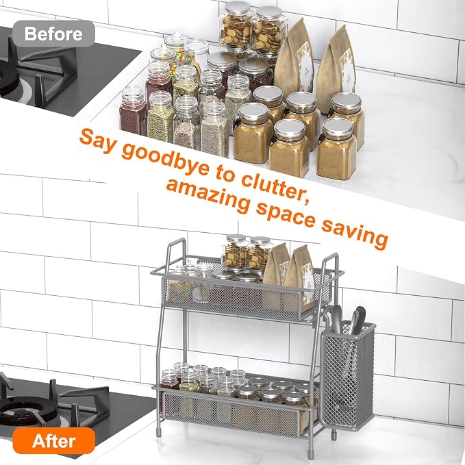 Spice Rack Organizer for Kitchen Counter, Spices Organizer and Storage Seasoning Organizer for Cabinet, Kitchen Metal Countertop Organizer with Side Basket (Grey)