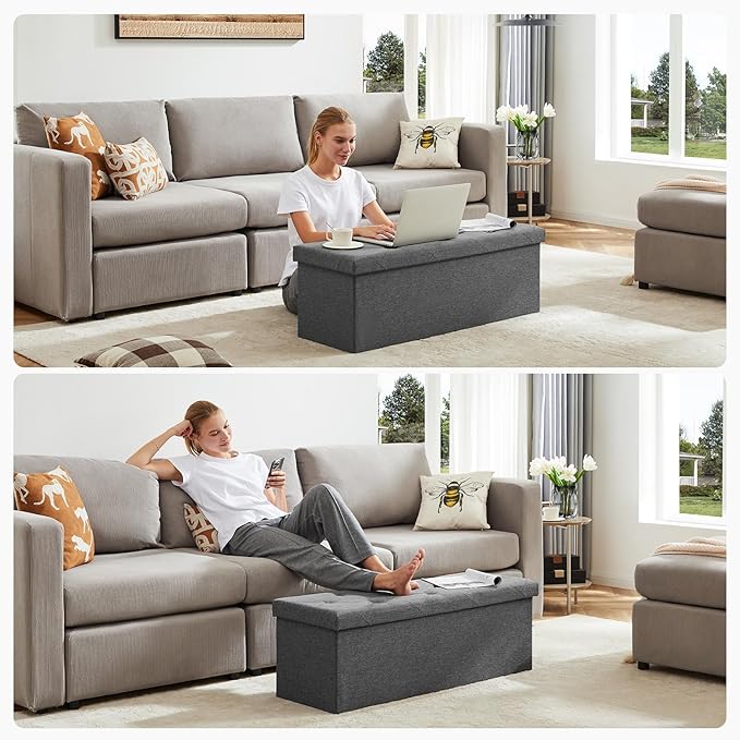 DUMOS 43 Inch Folding Storage Ottoman Bench, Large Ottoman with Storage | Storage Chest with Thicker Foam Padded Seat, End of Bed Foot Rest Stool for Bedroom Living Room Entryway, Load 660 lbs, Grey