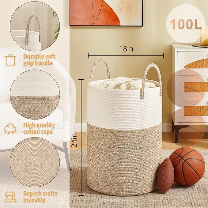 Artfeel Laundry Basket,Woven Cotton Rope Laundry Hamper,100L for Decorative Storage of Dirty Clothes,Toys and Blankets in Bathroom,Baby Room and Living Room