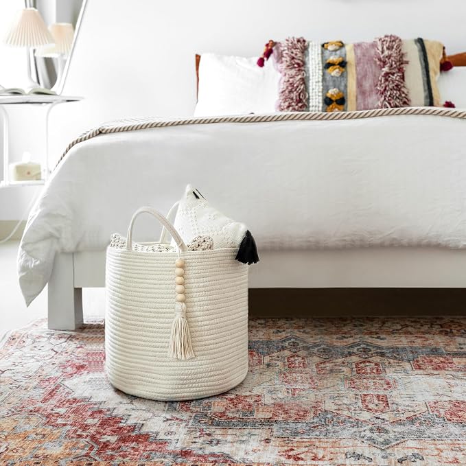 Mkono Woven Storage Basket with Handles Decorative Cotton Rope Basket Wooden Bead Decoration for Blankets,Toys,Clothes,Living Room Home Decor, 11", White | White, Cotton, Decorative Basket with Handle, Wood Beads Tassel, Shoes Towel Clothes Storage Bin...