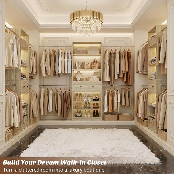 Wood Closet Organizer System - 4FT-9FT Expandable Wardrobe Closet with Drawer & 4 Hanging Rods, Heavy Duty Walk-in Closet 1000Lbs for Bedroom Walk-in Closet, White Oak